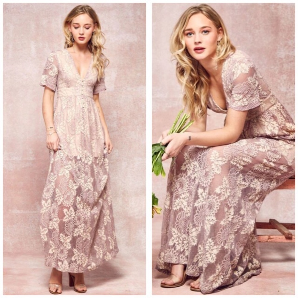A Semi-sheer Floral Lace Lavender Maxi Dress
